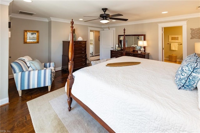 bedroom with crown molding and dark wood-type flooring