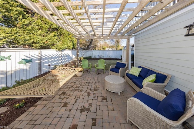 view of patio with an outdoor living space and a pergola