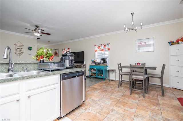 kitchen featuring ornamental molding, sink, stainless steel dishwasher, and white cabinets