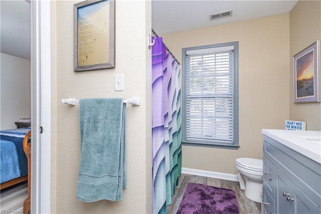 bathroom featuring vanity, toilet, and hardwood / wood-style floors