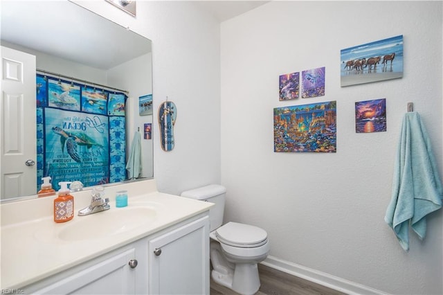 bathroom featuring vanity, hardwood / wood-style flooring, and toilet