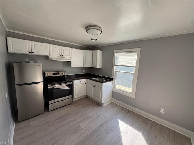 kitchen with white cabinetry, appliances with stainless steel finishes, sink, and light hardwood / wood-style flooring