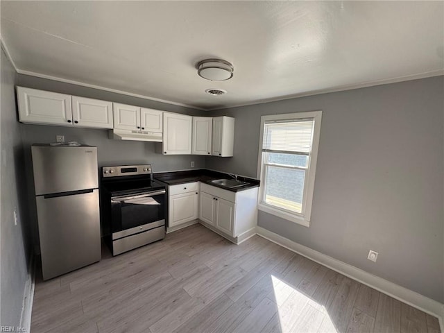 kitchen with sink, white cabinetry, crown molding, stainless steel appliances, and light hardwood / wood-style floors