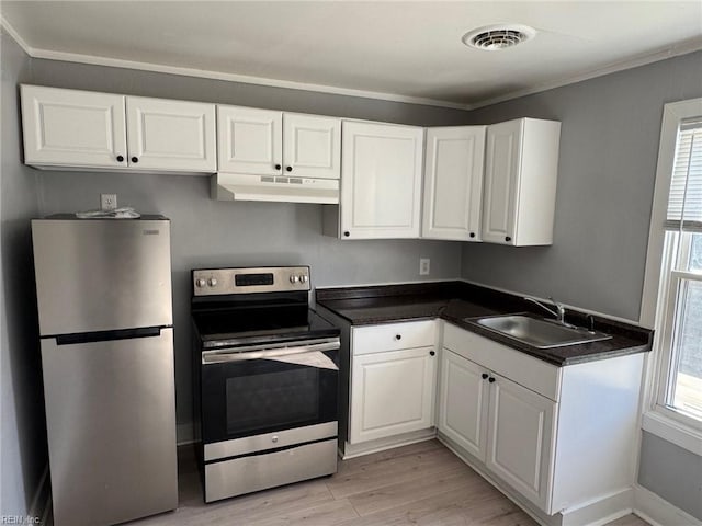 kitchen featuring white cabinetry, sink, ornamental molding, stainless steel appliances, and light wood-type flooring