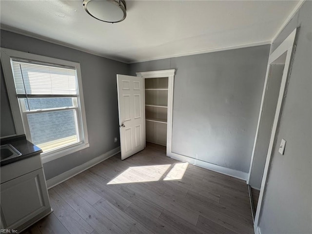 unfurnished bedroom featuring sink, light hardwood / wood-style floors, and a closet