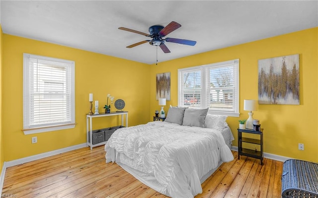 bedroom with ceiling fan and light wood-type flooring