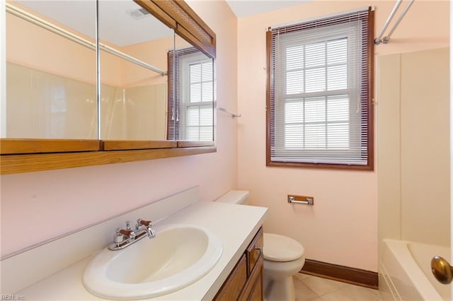 full bathroom featuring shower / tub combination, vanity, and toilet