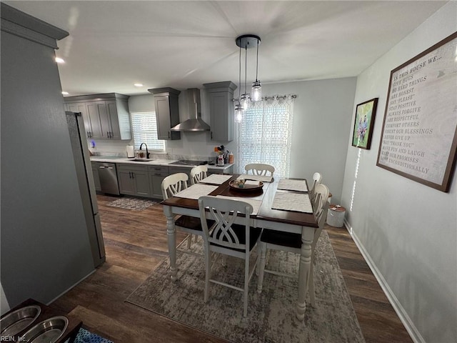 dining area with sink and dark hardwood / wood-style floors