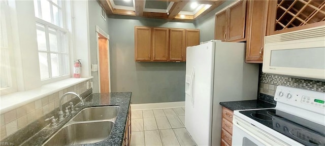 kitchen featuring sink, white appliances, dark stone countertops, backsplash, and coffered ceiling