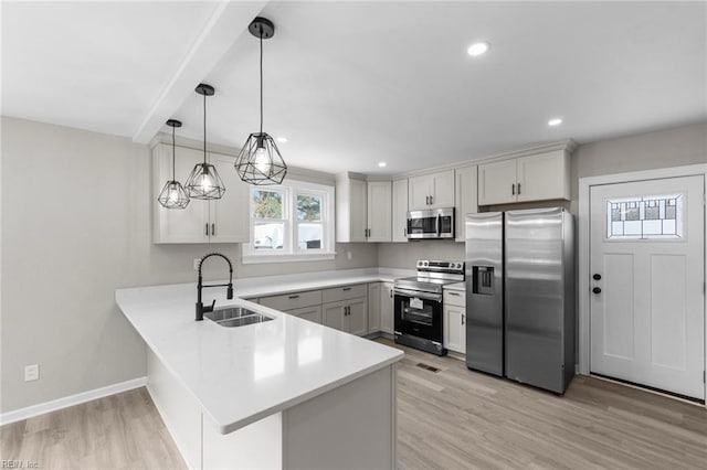 kitchen featuring sink, white cabinetry, kitchen peninsula, pendant lighting, and stainless steel appliances