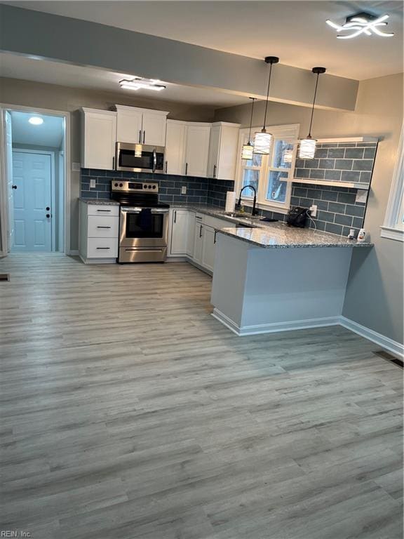 kitchen featuring pendant lighting, sink, appliances with stainless steel finishes, white cabinetry, and kitchen peninsula