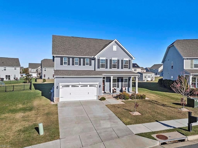 view of front of home featuring a garage, a porch, and a front yard