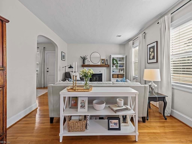 living room with a textured ceiling and light wood-type flooring