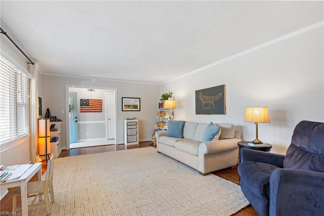 living room featuring crown molding and wood-type flooring