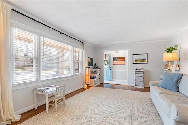 living room featuring crown molding and hardwood / wood-style floors