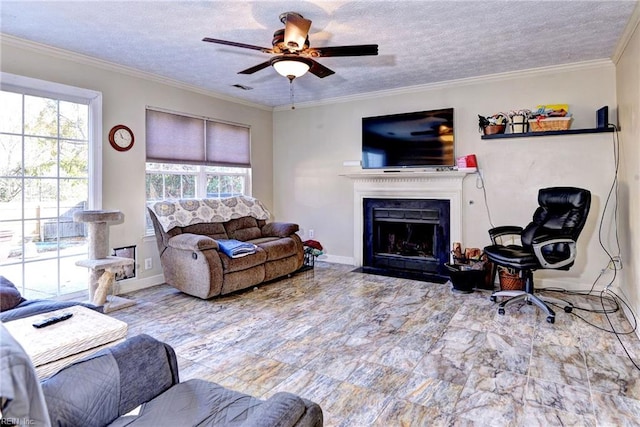 living room with ceiling fan, ornamental molding, and a textured ceiling