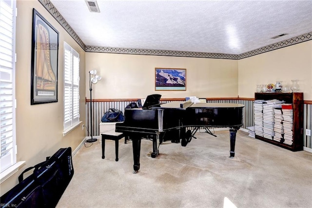 misc room featuring light colored carpet and a textured ceiling