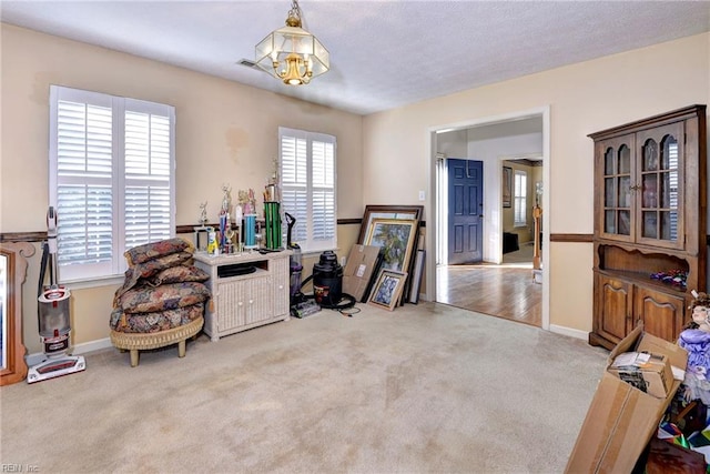 sitting room featuring light carpet