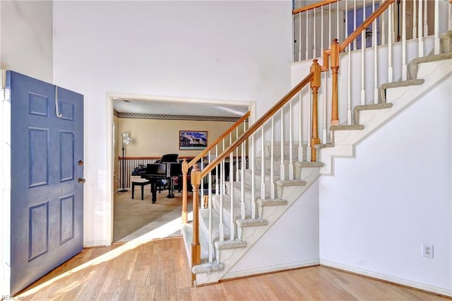 entrance foyer with hardwood / wood-style flooring and a towering ceiling