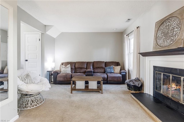 living room featuring carpet floors and a textured ceiling