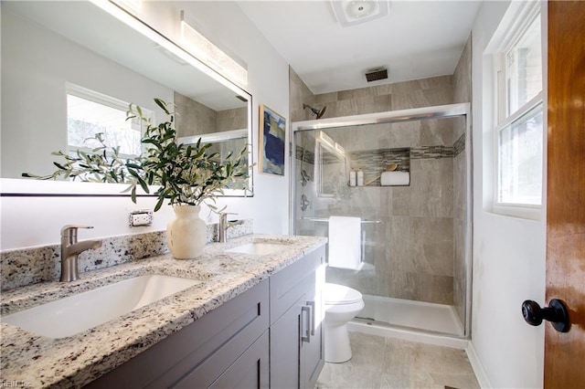 bathroom with vanity, toilet, and a shower with shower door