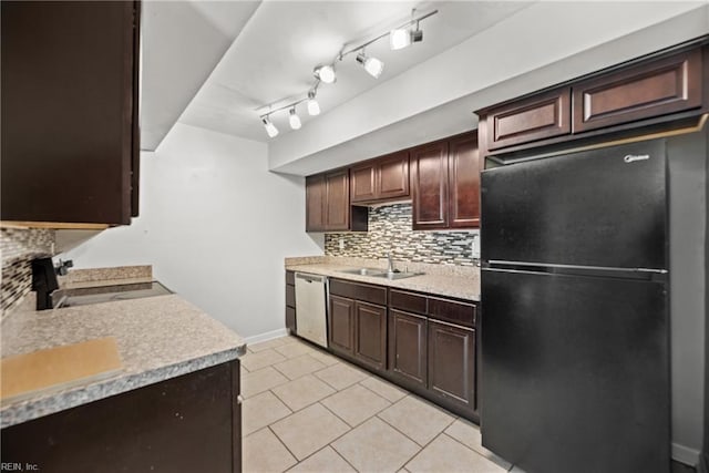 kitchen with sink, dark brown cabinets, electric range, black refrigerator, and dishwasher