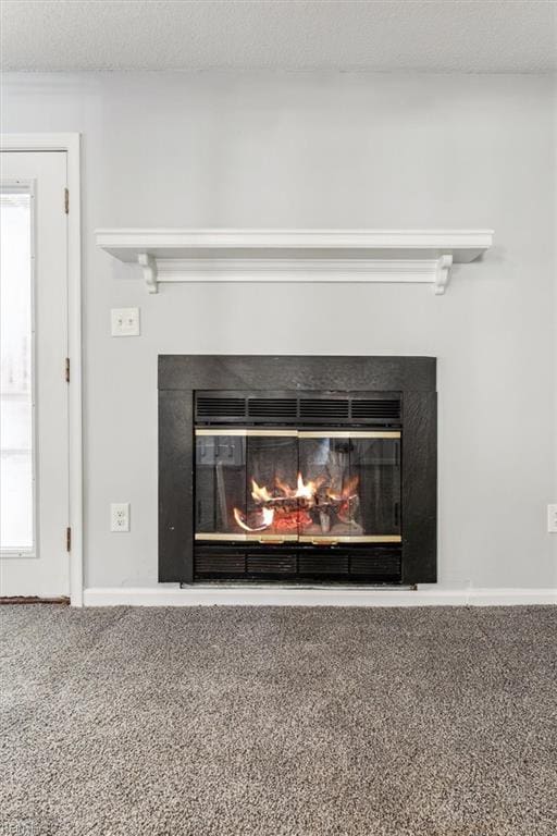 details with a textured ceiling and carpet flooring