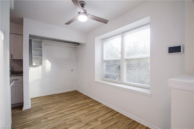 interior space with light hardwood / wood-style floors, a closet, and ceiling fan