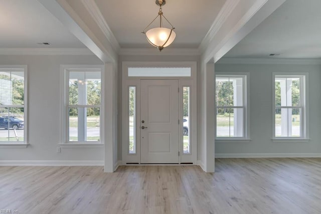 entryway featuring ornamental molding, light wood-type flooring, and a wealth of natural light