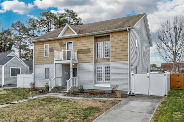 view of front of home featuring a balcony and a front lawn