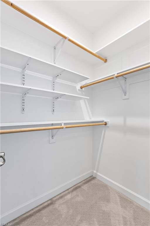 walk in closet with light carpet