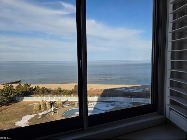 view of water feature with a view of the beach