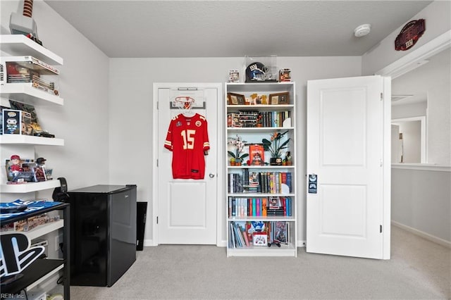 home office featuring light colored carpet