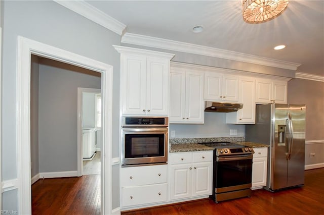 kitchen with stainless steel appliances, white cabinetry, dark stone countertops, and crown molding