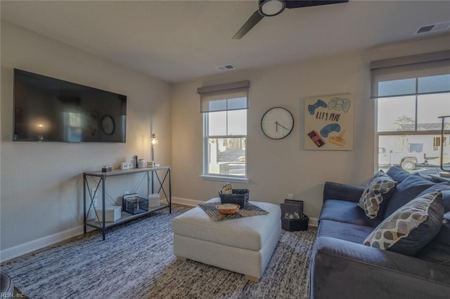 living room with ceiling fan