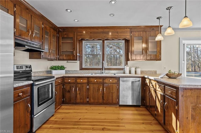 kitchen featuring appliances with stainless steel finishes, sink, light hardwood / wood-style floors, and decorative light fixtures