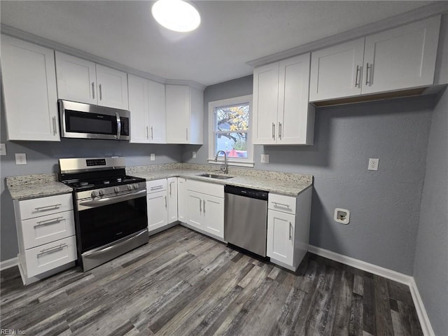 kitchen featuring stainless steel appliances, white cabinetry, sink, and dark wood-type flooring