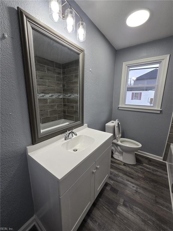 bathroom with vanity, wood-type flooring, and toilet