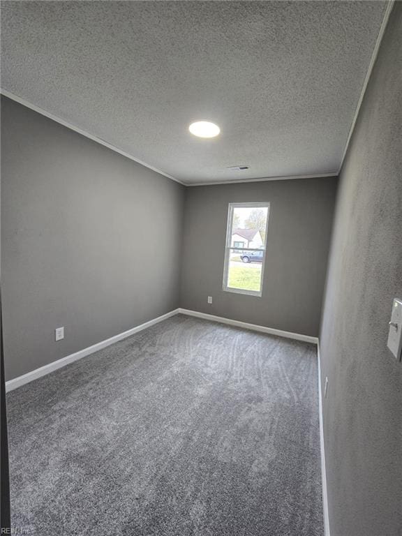 carpeted spare room featuring crown molding and a textured ceiling