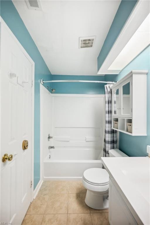 full bathroom with tile patterned flooring, vanity, toilet, and shower / bathtub combination with curtain