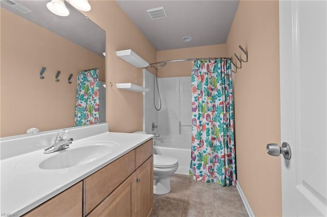 full bathroom with vanity, tile patterned floors, shower / bath combo with shower curtain, and toilet