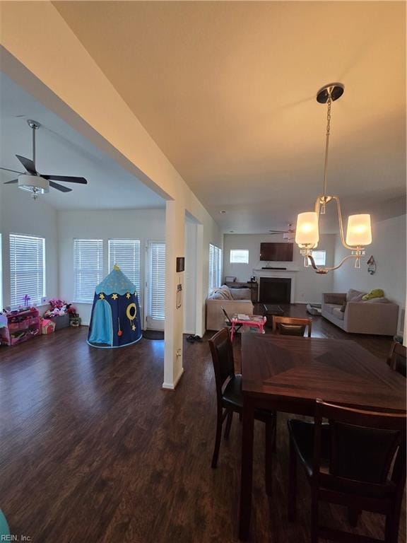 dining room featuring a healthy amount of sunlight, dark wood-type flooring, and ceiling fan