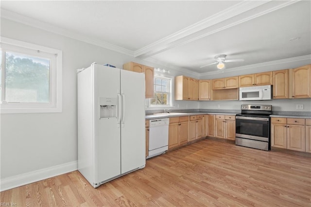 kitchen with light brown cabinetry, ceiling fan, crown molding, white appliances, and light hardwood / wood-style flooring