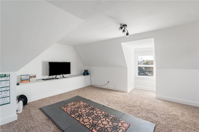 workout area featuring vaulted ceiling and carpet