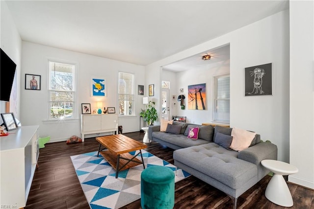 living room with dark wood-type flooring