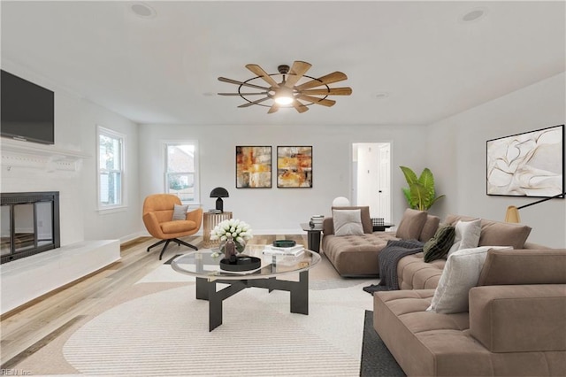 living room featuring a fireplace and light wood-type flooring