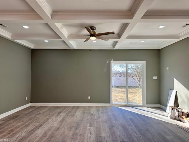 spare room featuring beamed ceiling, wood-type flooring, coffered ceiling, and ceiling fan