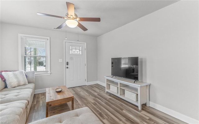 living room featuring ceiling fan and light hardwood / wood-style floors