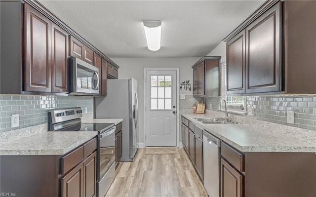 kitchen with tasteful backsplash, sink, light hardwood / wood-style floors, stainless steel appliances, and dark brown cabinets