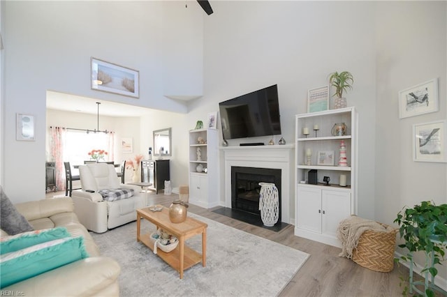 living room featuring a towering ceiling and light hardwood / wood-style floors